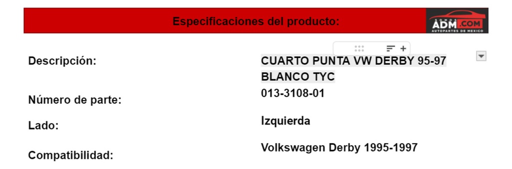 Cuarto Punta Volkswagen Derby 1995-1997 Blanco Tyc