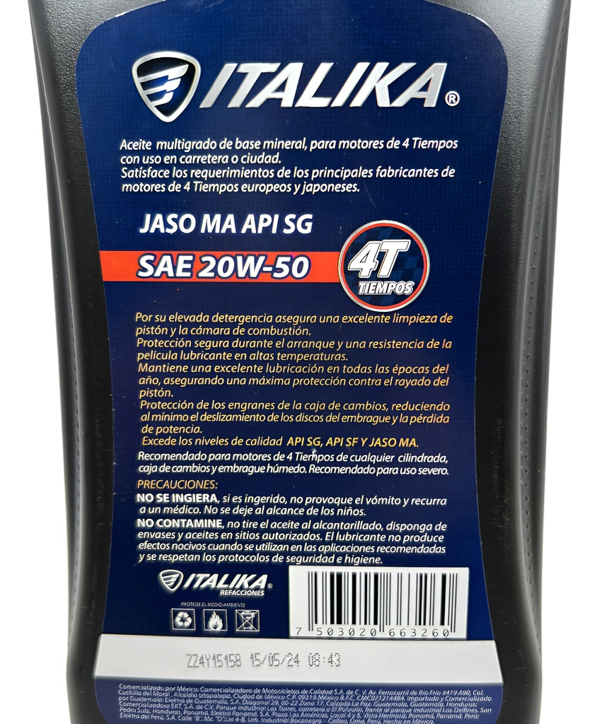 Aceite Italika Motor 4t Sae 20w50 Jaso Ma Api Sg 950ml