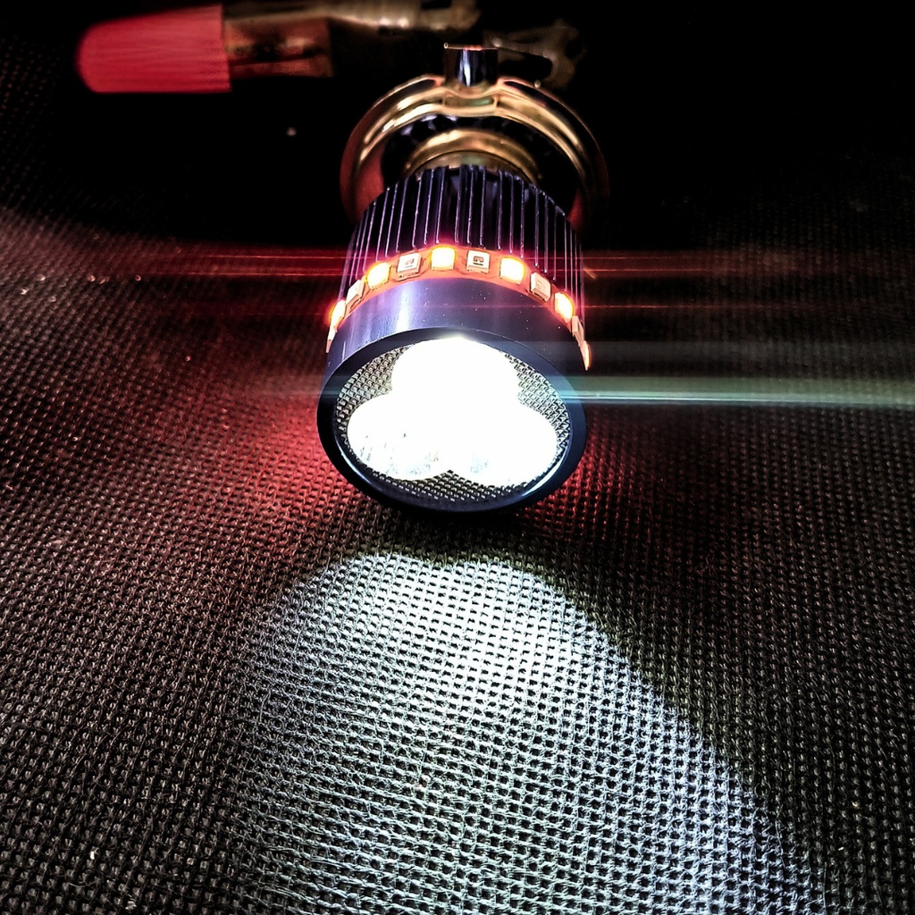 FOCO MOTO BASE ROJO H4 3 LED BLANCO EFECTO AZUL Y ROJO