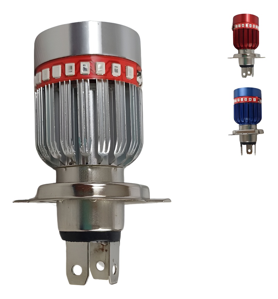 FOCO MOTO BASE ROJO H4 3 LED BLANCO EFECTO AZUL Y ROJO