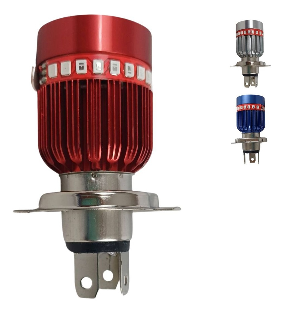 FOCO MOTO BASE ROJO H4 3 LED BLANCO EFECTO AZUL Y ROJO