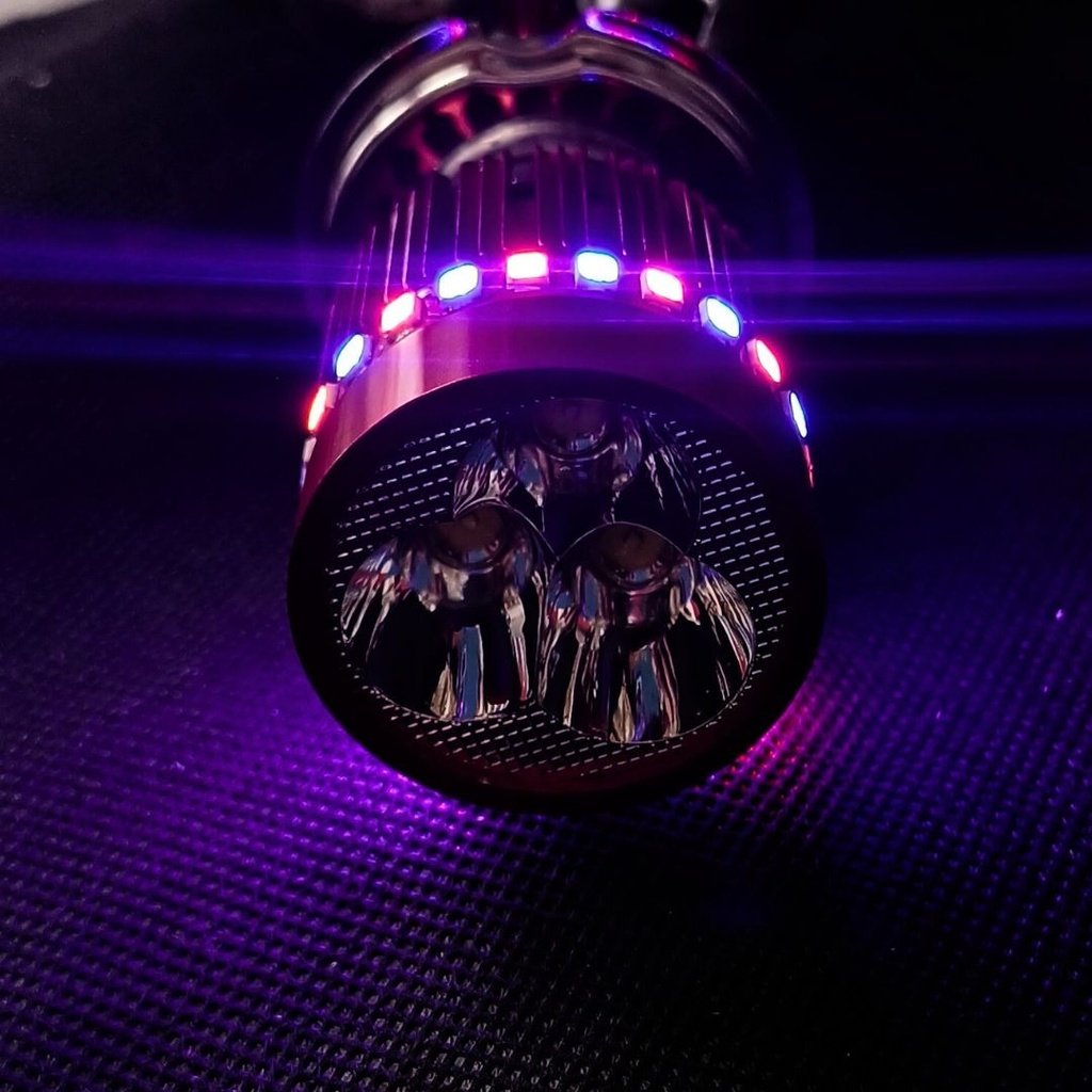 FOCO MOTO BASE ROJO H4 3 LED BLANCO EFECTO AZUL Y ROJO