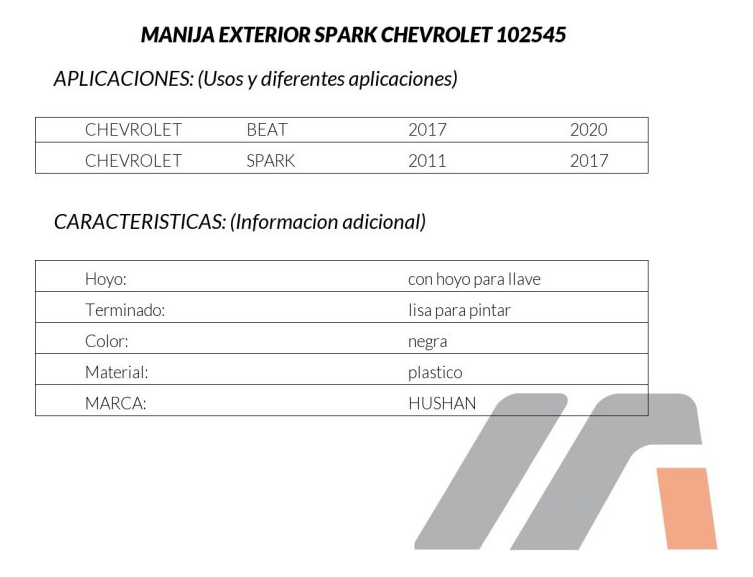 MANIJA EXTERIOR CV SPARK 11-17/BEAT HATCHBACK/SEDAN 17-20  CON HOYO PARA LLAVE LISA PARA PINTAR NEGRA PLASTICO HUSHAN Izquierdo Delantera  