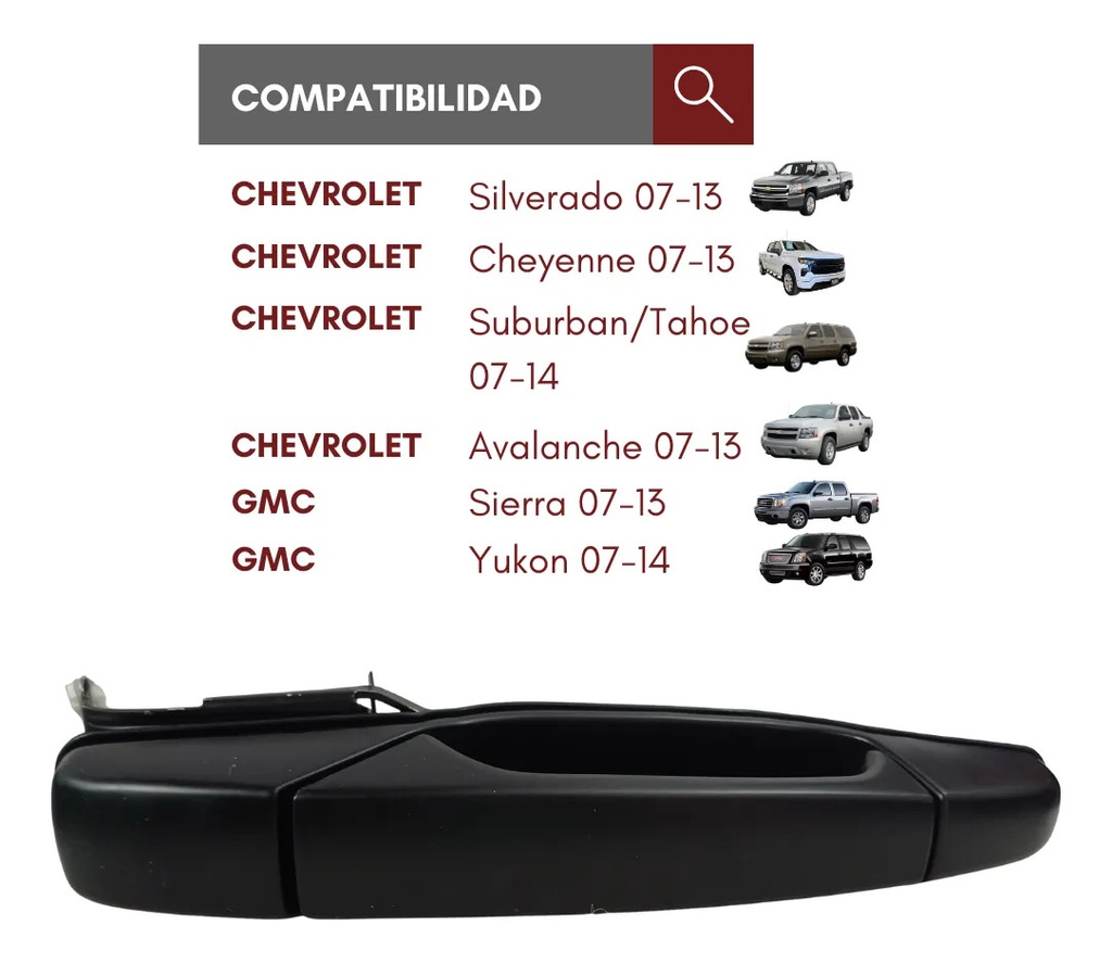 MANIJA EXTERIOR CV CHEYENNE/SILVERADO 07-13/SUBURBAN/TAHOE 07-14/AVALANCHE  GM SIERRA 07-13/YUKON 07-14  CV PICK UP 07-13  NEGRA PLASTICO HUSHAN Derecho Trasera  