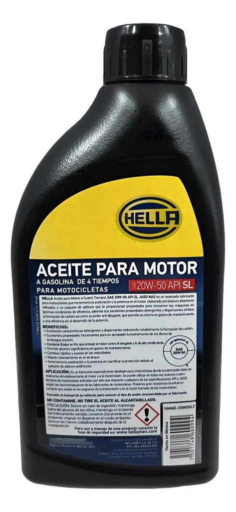 ACEITE MINERAL P/MOTOR HELLA MOTO 4T SAE 20W-50 API SL 946 ML