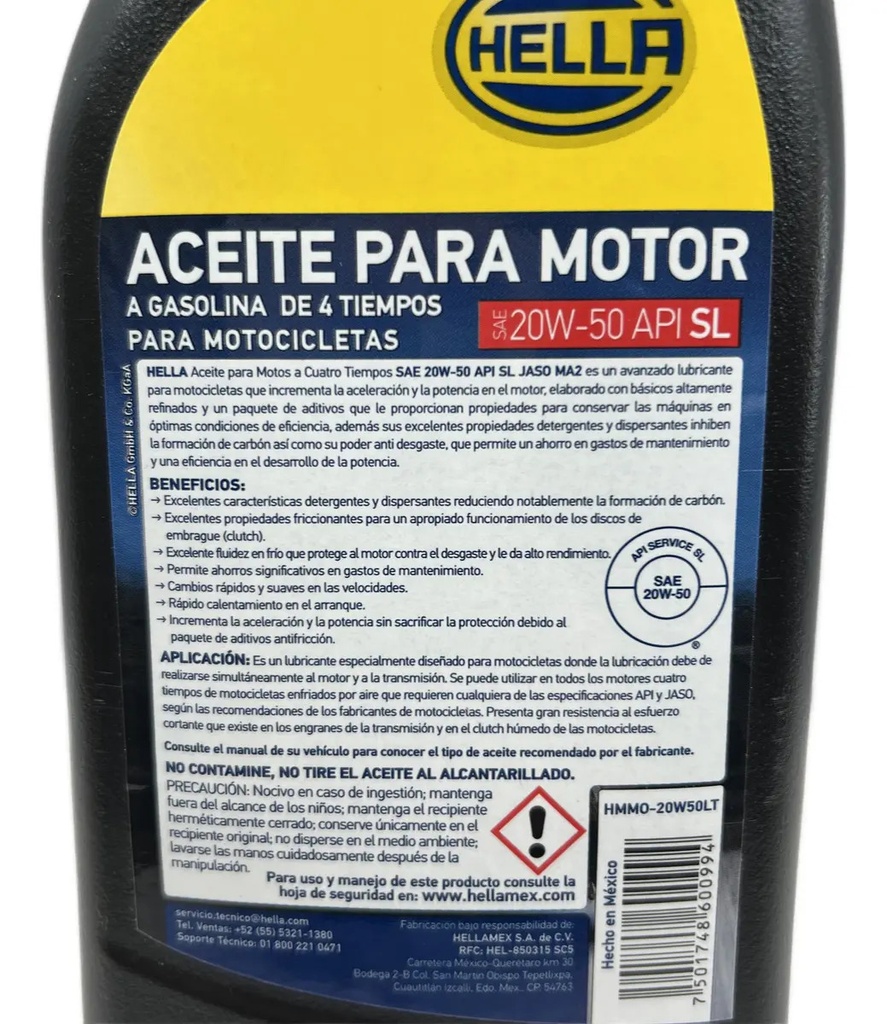 ACEITE MINERAL P/MOTOR HELLA MOTO 4T SAE 20W-50 API SL 946 ML