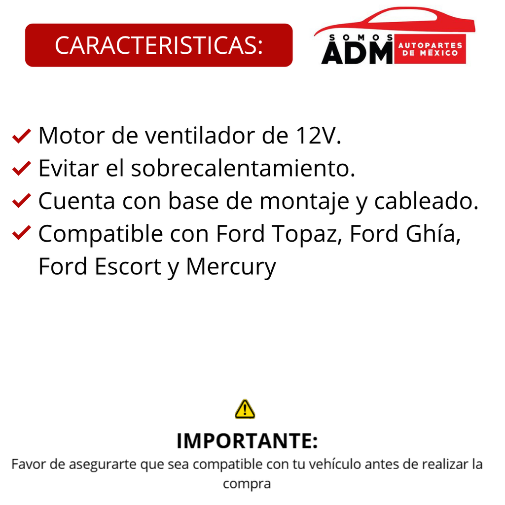 MOTOR DE VENTILADOR 12V TOPAZ,GHIA,ESCORT,MERCURY