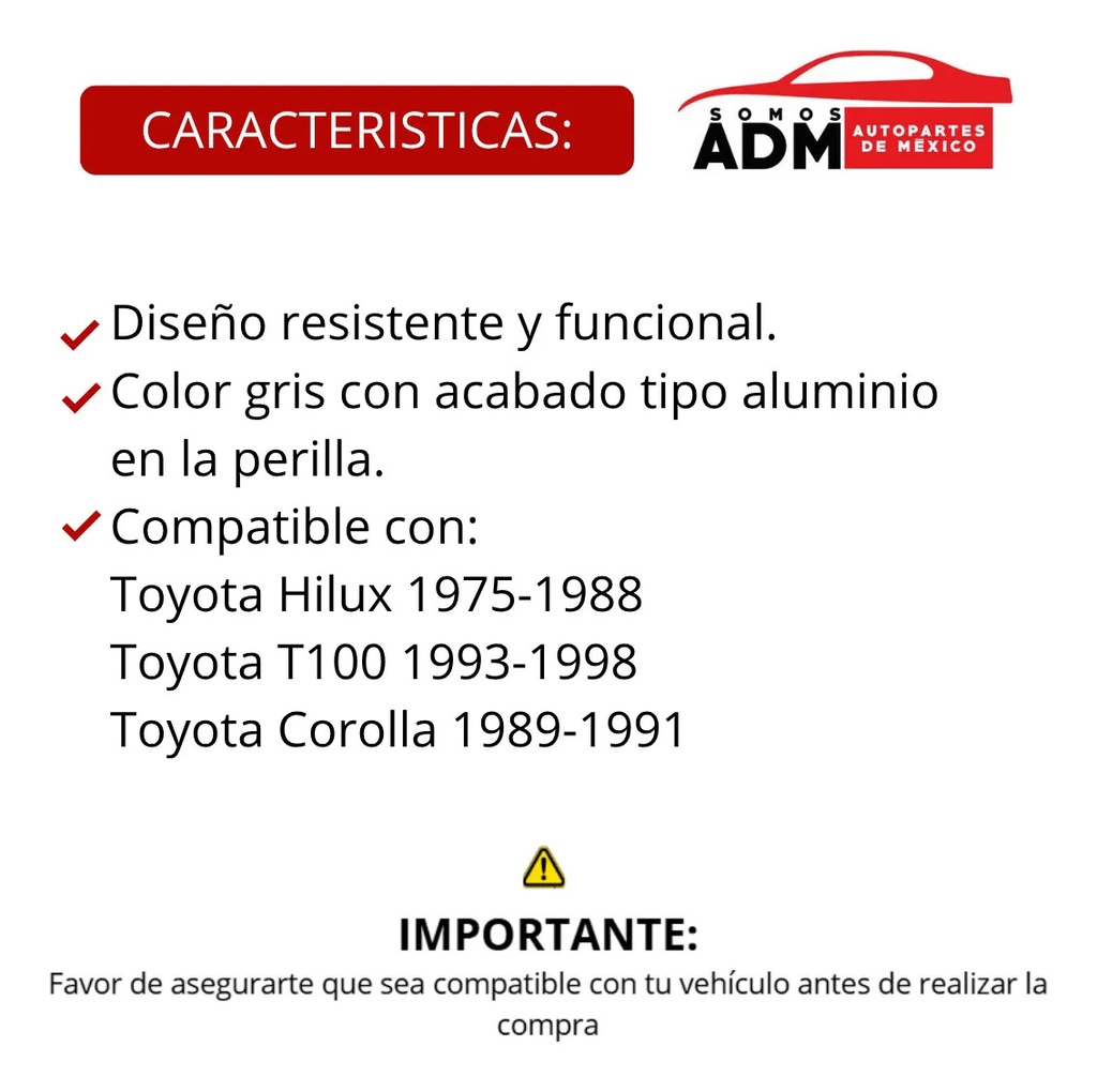 MANIJA DE ELEVAR TY HILUX 75-88/T100 93-98/COROLLA 89-91  PERILLA GRIS/ALUMINIO PLASTICO GRIS HUSHAN    