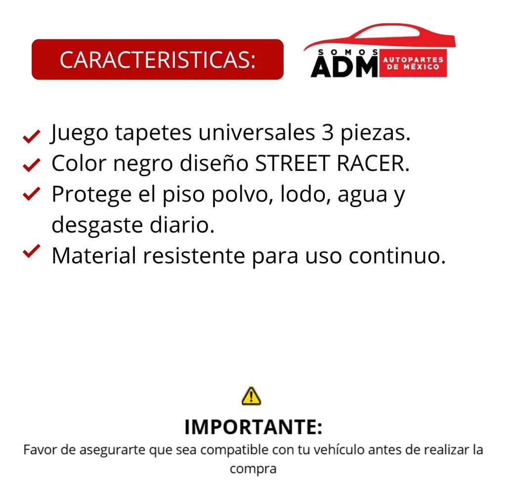 TAPETE UNIVERSAL NEGRO 3PIEZAS STREET RACER (2G,1CH)