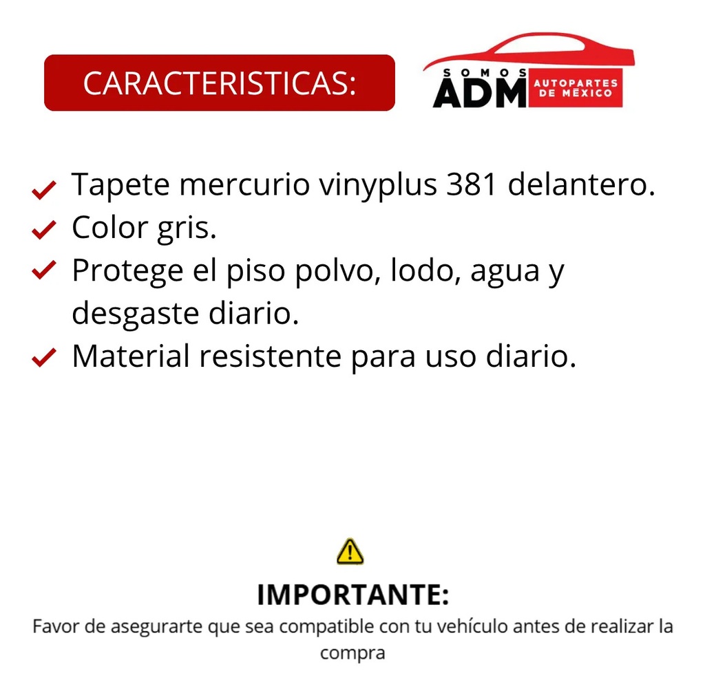 TAPETE MERCURIO VINYPLUS 381 PISO GRIS 1 PIEZA DELANTERO