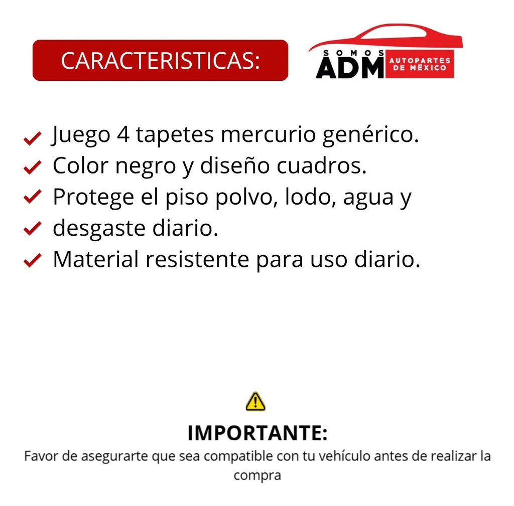 TAPETE MERCURIO NEGRO GENERICO 4PZ DISEÑO A CUADROS