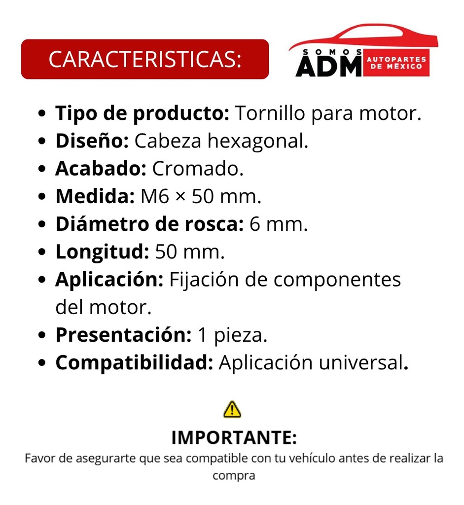 TORNILLO CROMADO P/MOTOR M6*50 =ENTOR-4701-0012
