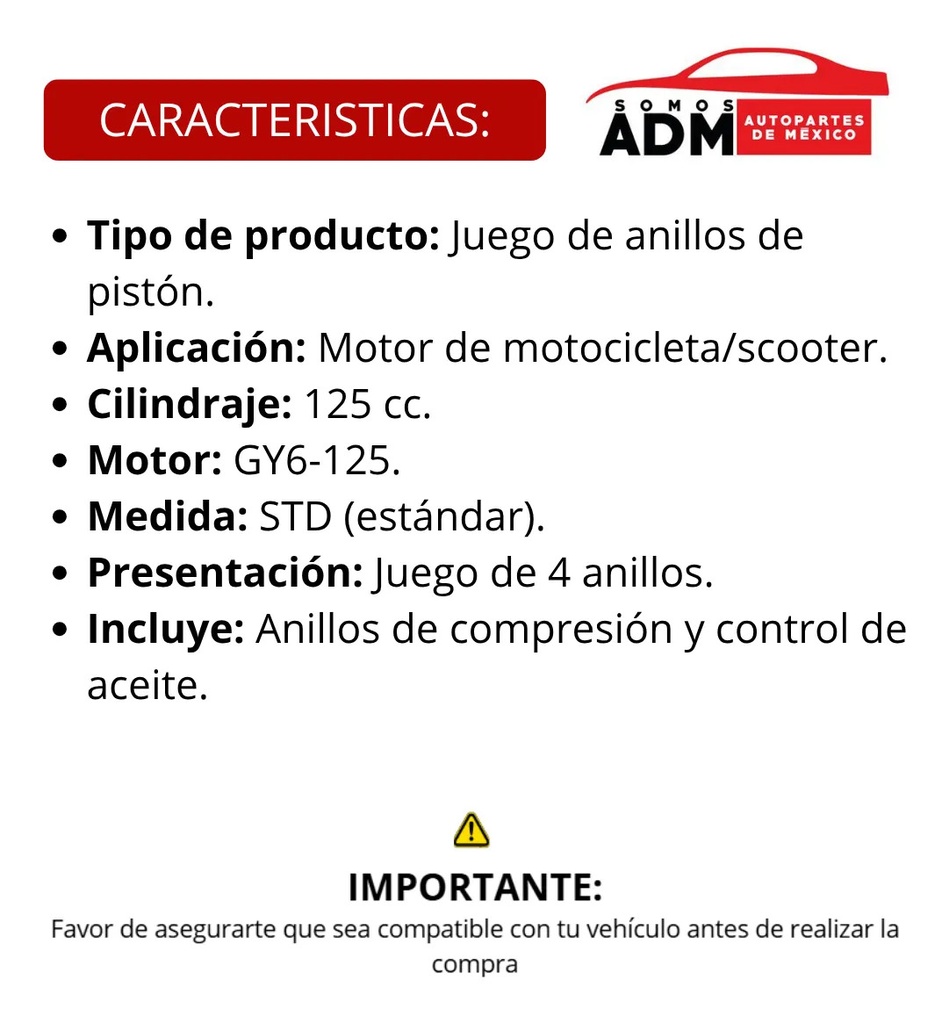 ANILLOS PISTON MOTONETA GY6-150 150CC ESTANDAR JGO