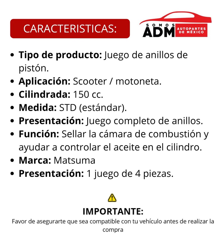 Anillos Piston Motoneta Gy6-150 150cc Estandar Juego