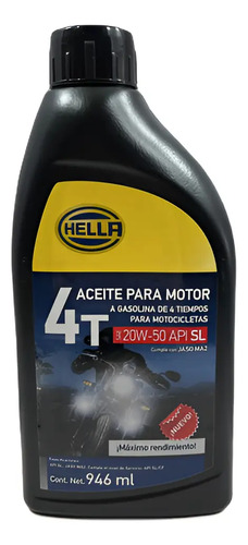 [HMMO-20W50LT] ACEITE MINERAL P/MOTOR HELLA MOTO 4T SAE 20W-50 API SL 946 ML