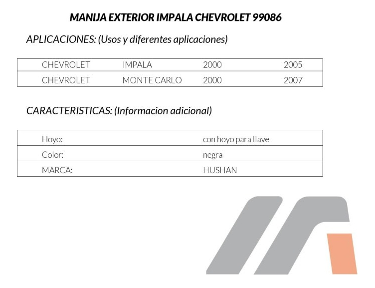 Manija Exterior Cv Impala 00-05/ Monte Carlo 00-07 C/hoyo Hu