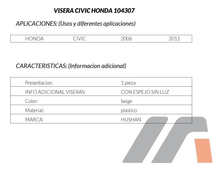 Visera Beige Izq Delant Hd Civic 2p Coupe/ 4p Sedan 06-11
