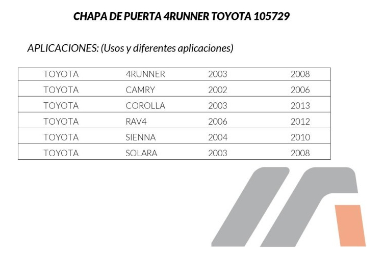 Chapa Puerta Izq Delant Ty 4runner Solara 03-08/ Camry 02-06