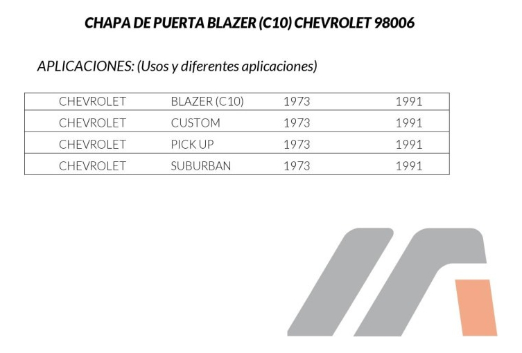 Chapa De Puerta Cv Pick Up/ Custom/ Suburban 73-91