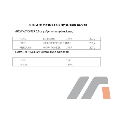 CHAPA PUERTA FD EXPLORER 95-01 / SPORT TRAC 01-05 / MR MOUNTAINEER 95-01 DELANTERA IZQ