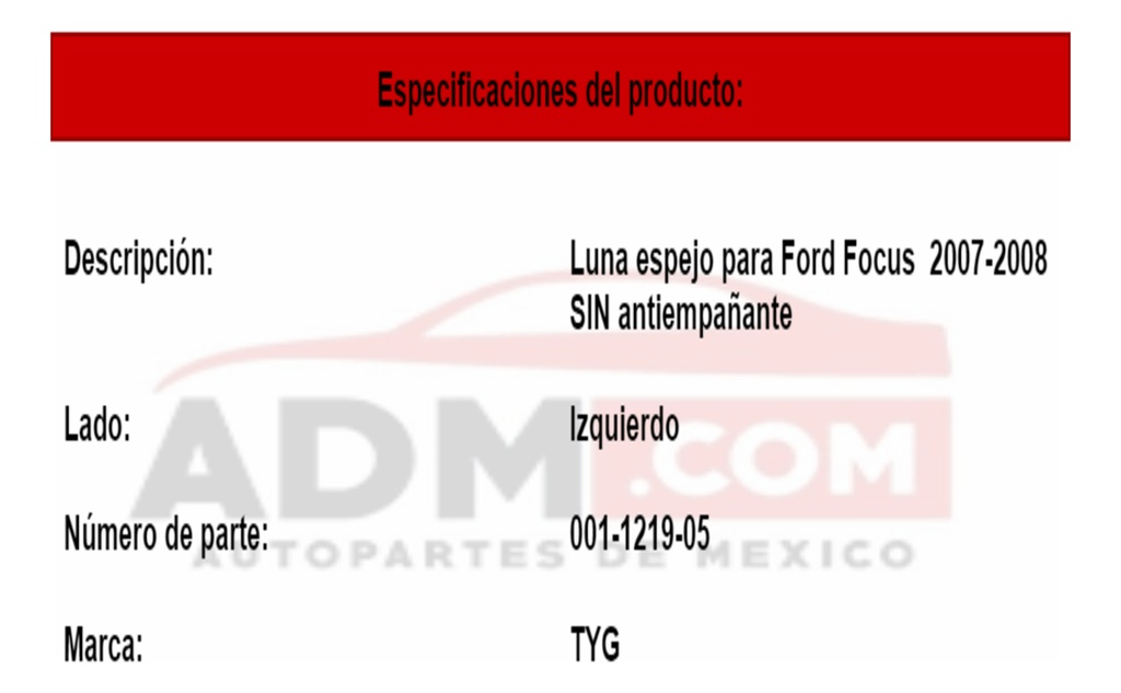Luna Espejo Ford Focus 2007-2008 Sin Desempañante