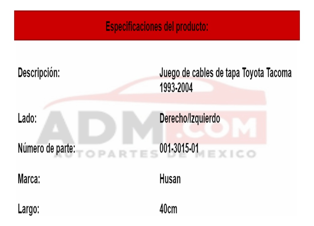 Cables Para Tapa Toyota Tacoma 1993-2004