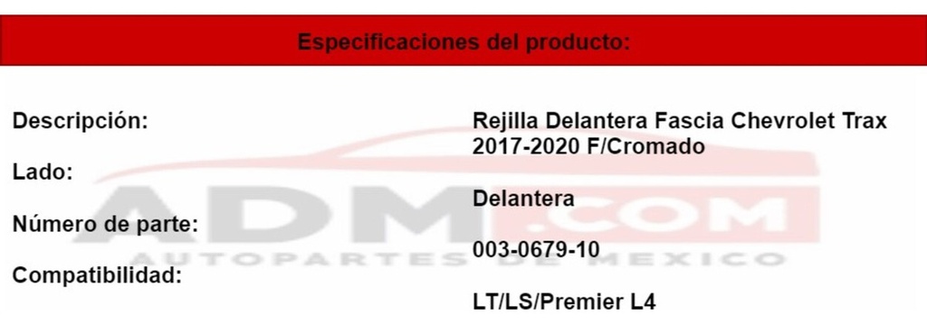 Rejilla Fascia Delantera Chev Trax 2017-2020 F/croma