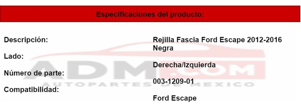 Rejilla Fascia Ford Escape 2012-2016 Negra