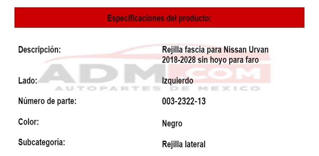 Rejilla Fascia Nissan Urvan 2019-2020 Sin Hoyo Para Faro