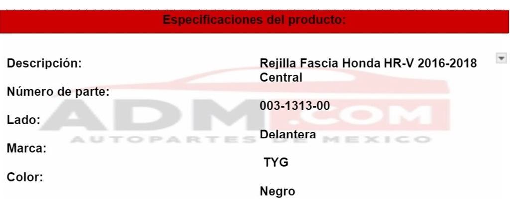 Rejilla Fascia Delantera Honda Hr-v 2016-2018 Central
