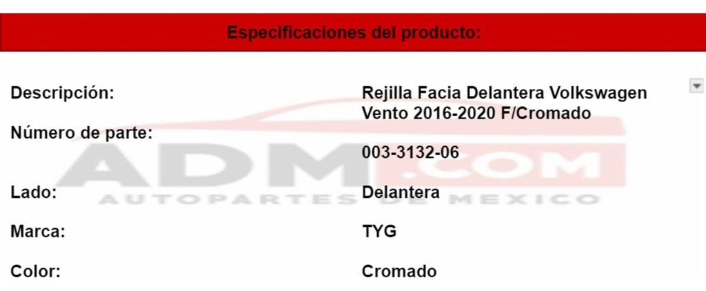 Rejilla Facia Delantera Volkswagen Vento 2016-2020 F/cromado
