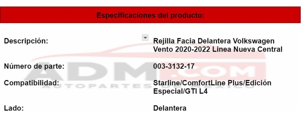 Rejilla Facia Delantera Volskw Vento 2020-2021 Linea Nueva