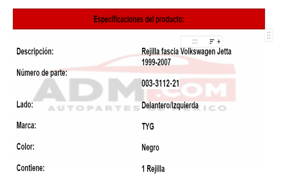 Rejilla Fascia Volkswagen Jetta 1999-2007