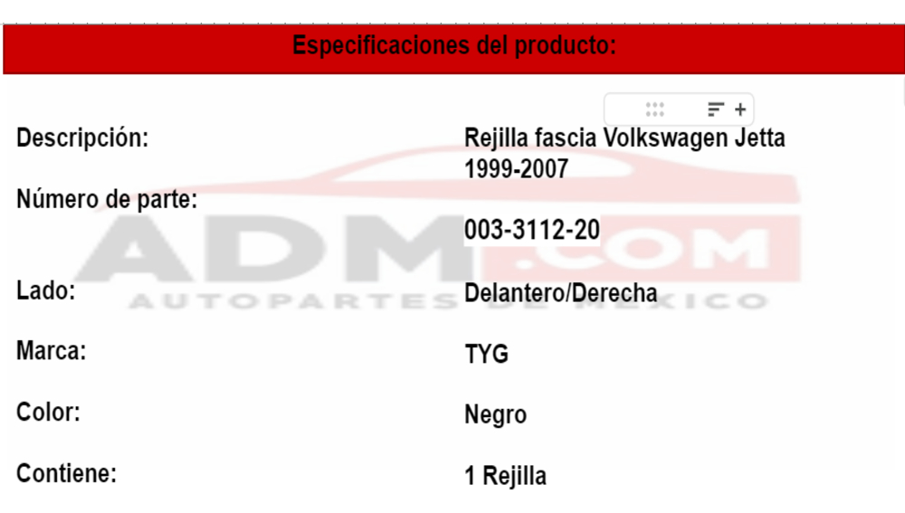 Rejilla Fascia Volkswagen Jetta 1999-2007