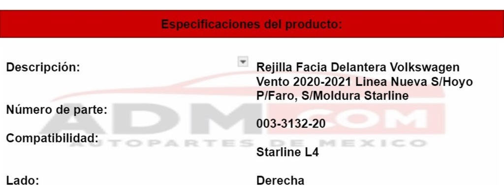 Rejilla Facia Delantera Vw Vento Starline 20-21 Derecha