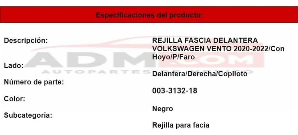 Rejilla Fascia Delantera Vw Vento 2020-2021 C/hoyo P/faro