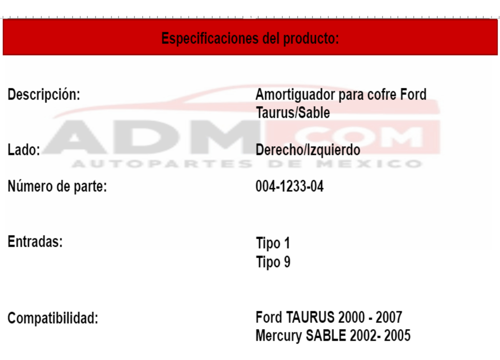 Amortiguador De Cofre Ford Taurus 2000-2007/ Sable 2000-2005