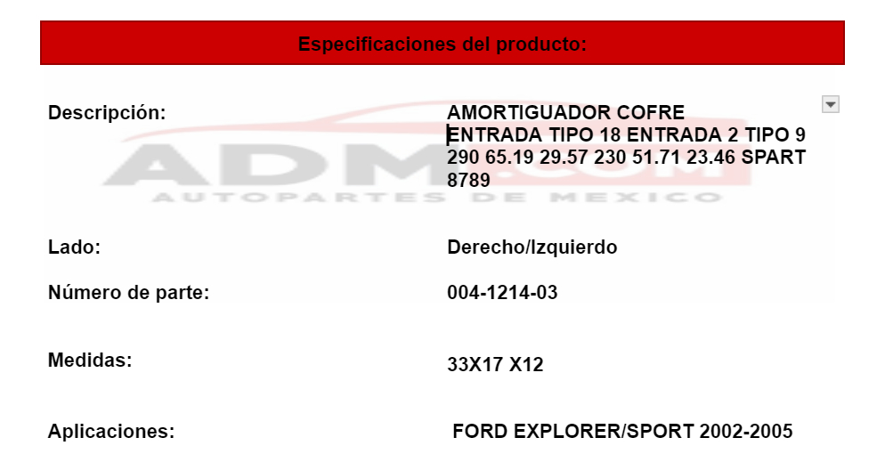 Amortiguador Cofre Ford Explorer/sport 2002-2005
