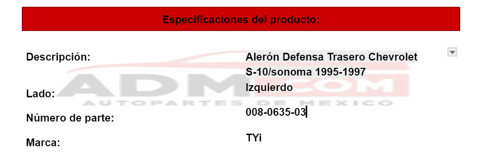 Alerón Defensa Trasero Chevrolet S-10/sonoma 1995-1997