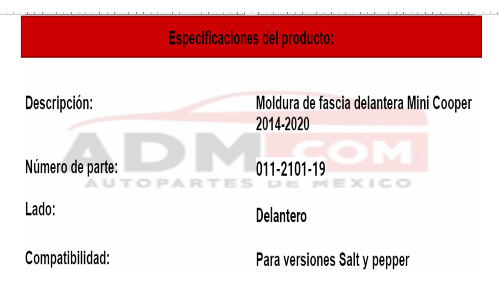 Moldura Fascia Delantera Mini Cooper 2014-2020 Salt/ Pepper