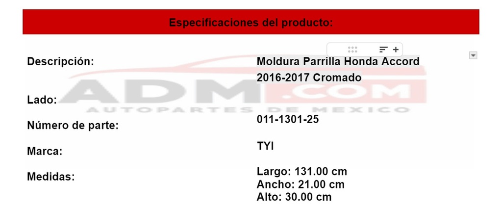 Moldura Parrilla Honda Accord 2016-2017 Cromado