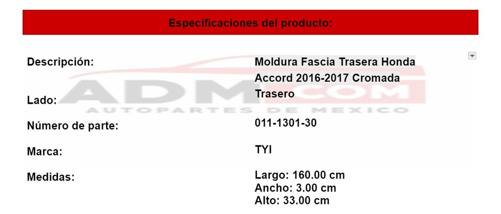 Moldura Fascia Trasera Honda Accord 2016-2017 Cromada