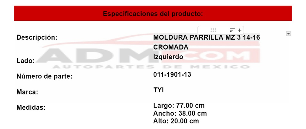 Moldura Parrilla Mazda 3 2014-2016 Cromada