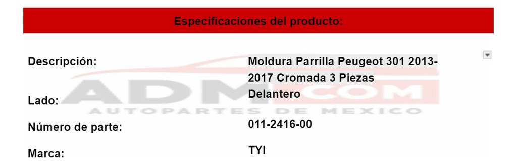 Moldura Parrilla Peugeot 301 2013- 2017 Cromada 3 Piezas