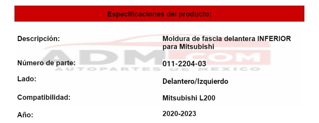 Moldura Fascia Mitsubishi L200 2020-2023 Inferior Delantera