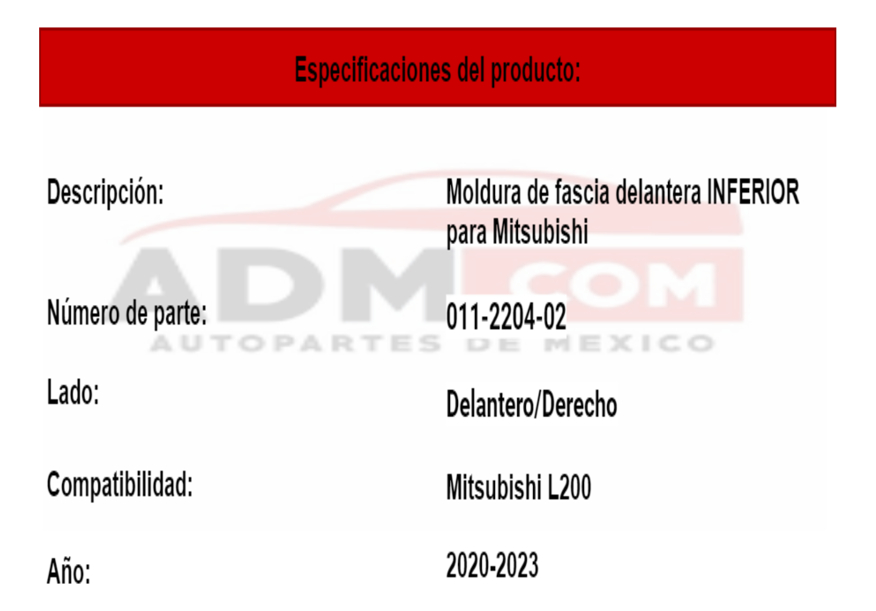 Moldura Fascia Mitsubishi L200 2020-2023 Inferior Delantera