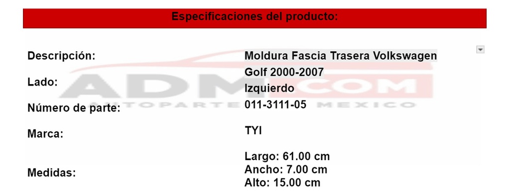 Moldura Fascia Trasera Volkswagen Golf 2000-2007
