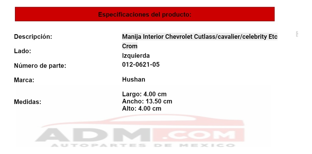 Manija Interior Chevrolet Cutlass/cavalier/celebrity Etccrom