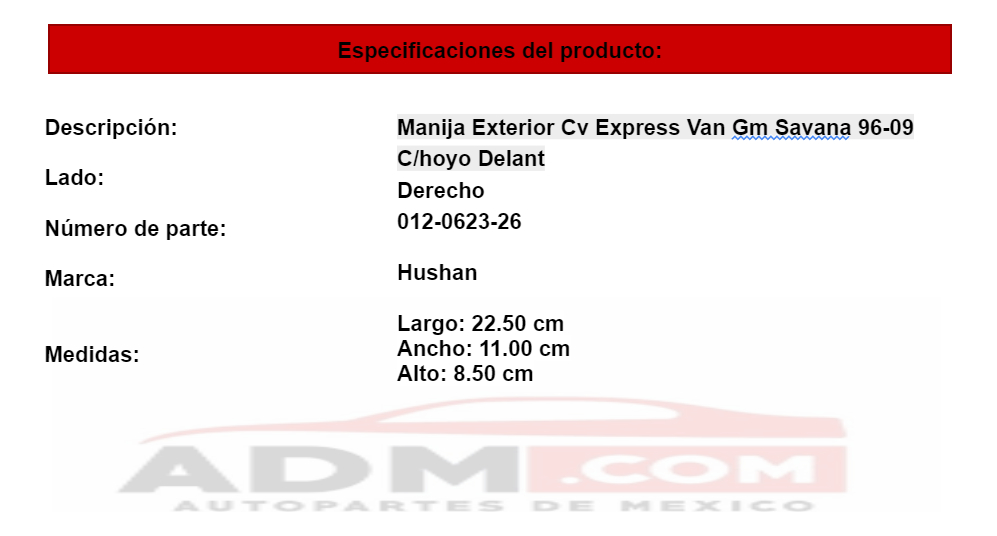 Manija Exterior Cv Express Van Gm Savana 96-09 C/hoyo Delant