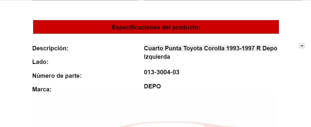 Cuarto Punta Toyota Corolla 1993-1997 R Depo Izq